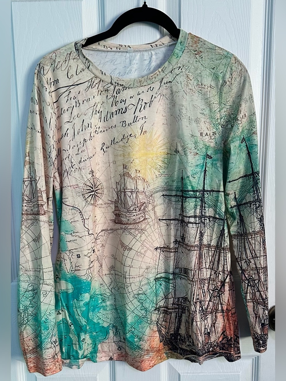 Vintage Nautical Map Print Long Sleeve Top - Teal & Cream